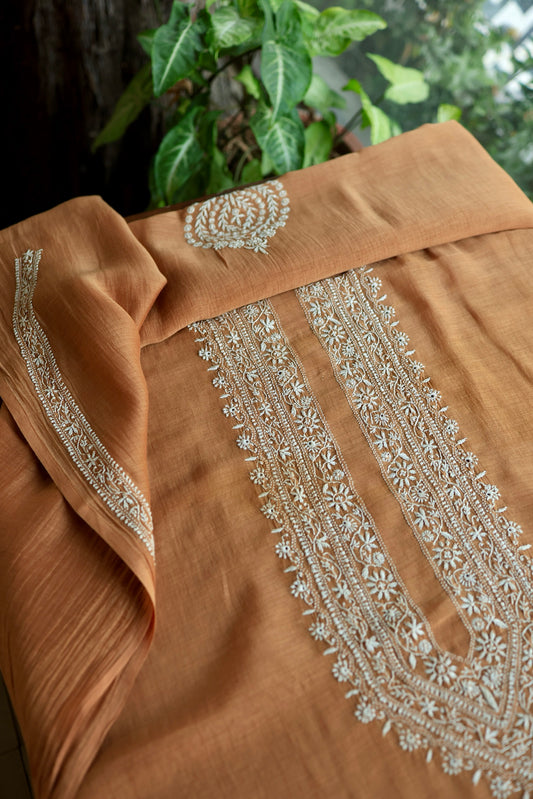 Rust Shade Mulmul Chikankari Unstitched Men's Kurtas Fabric