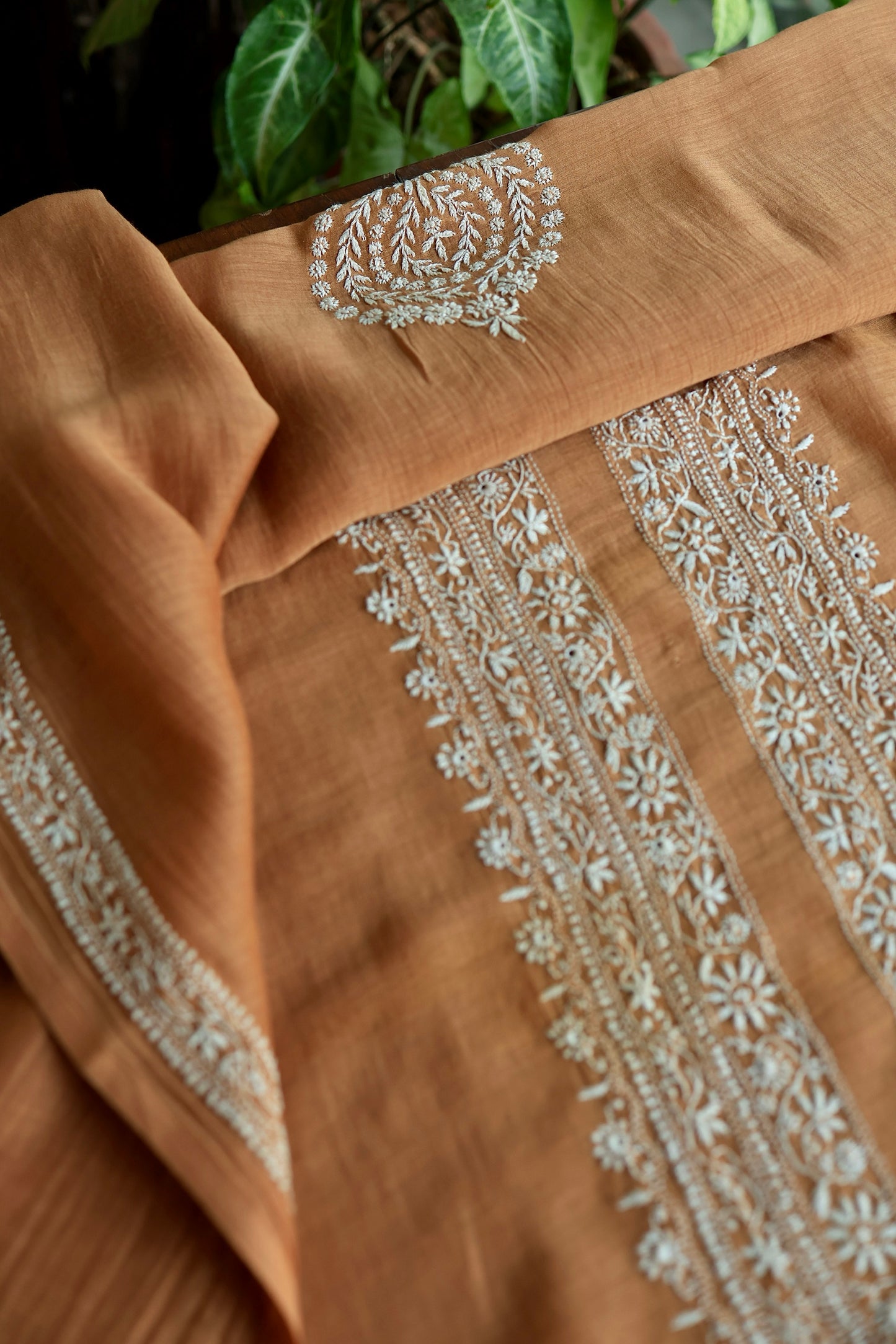 Rust Shade Mulmul Chikankari Unstitched Men's Kurtas Fabric