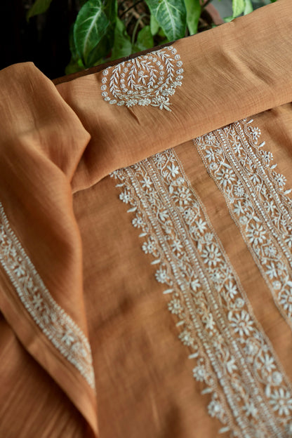 Rust Shade Mulmul Chikankari Unstitched Men's Kurtas Fabric