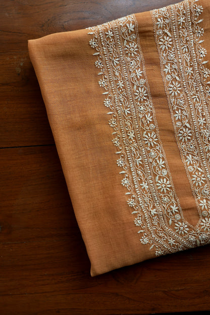 Rust Shade Mulmul Chikankari Unstitched Men's Kurtas Fabric