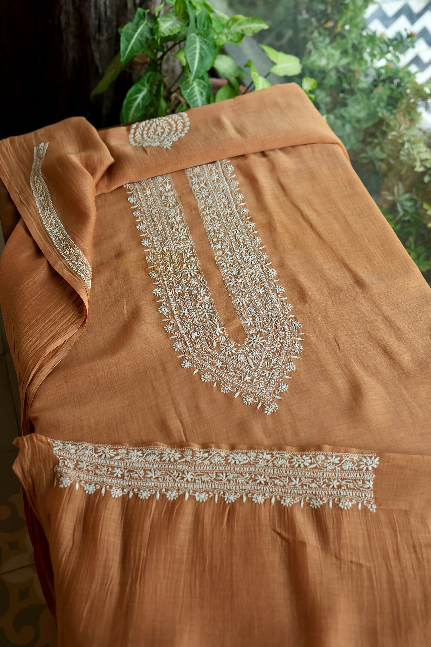 Rust Shade Mulmul Chikankari Unstitched Men's Kurtas Fabric