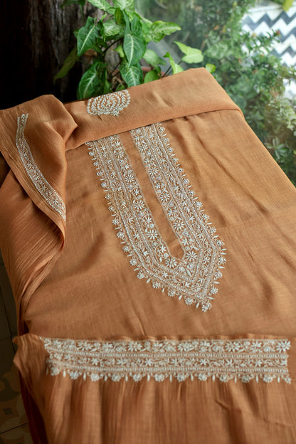 Rust Shade Mulmul Chikankari Unstitched Men's Kurtas Fabric