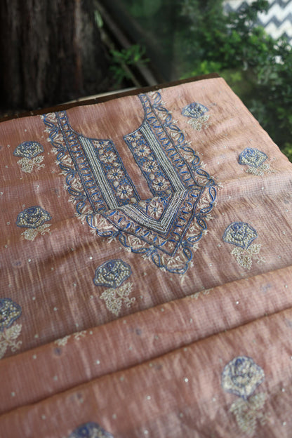 Rust Shade Tissue Kota Chikankari Unstitched Fabric