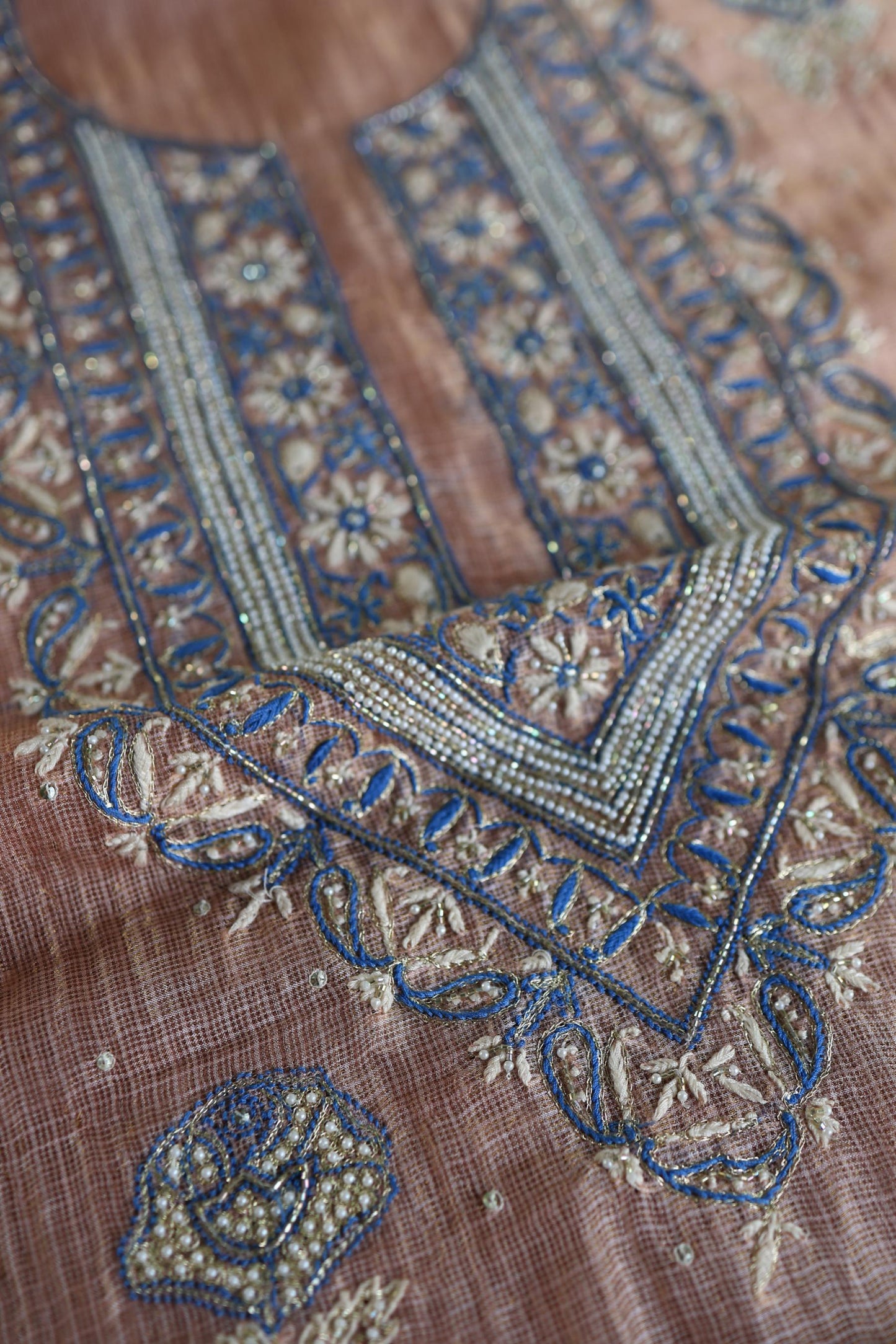 Rust Shade Tissue Kota Chikankari Unstitched Fabric