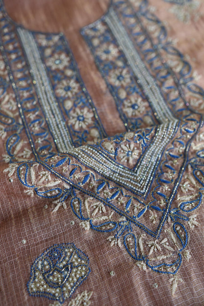 Rust Shade Tissue Kota Chikankari Unstitched Fabric