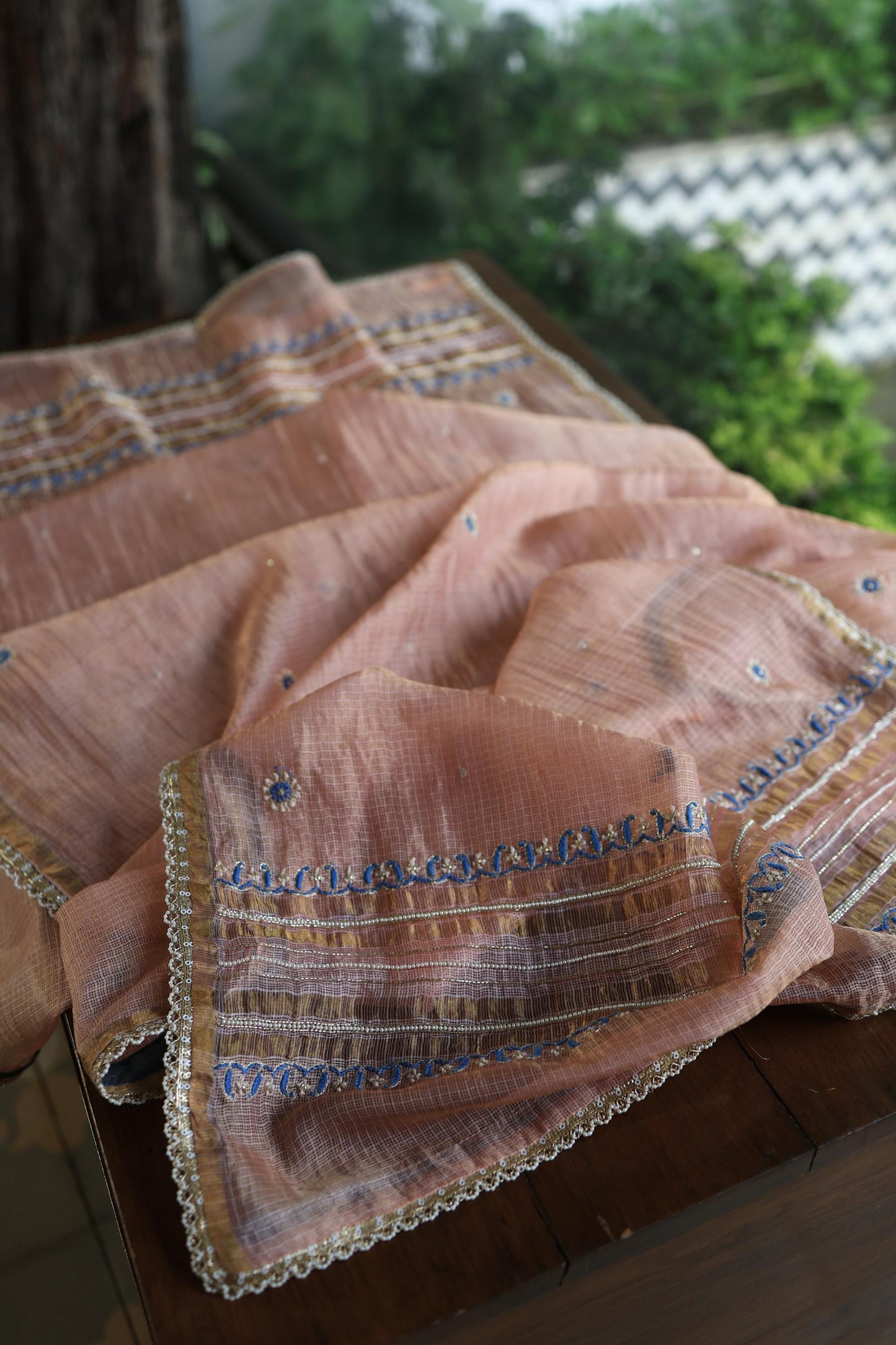 Rust Shade Tissue Kota Chikankari Unstitched Fabric