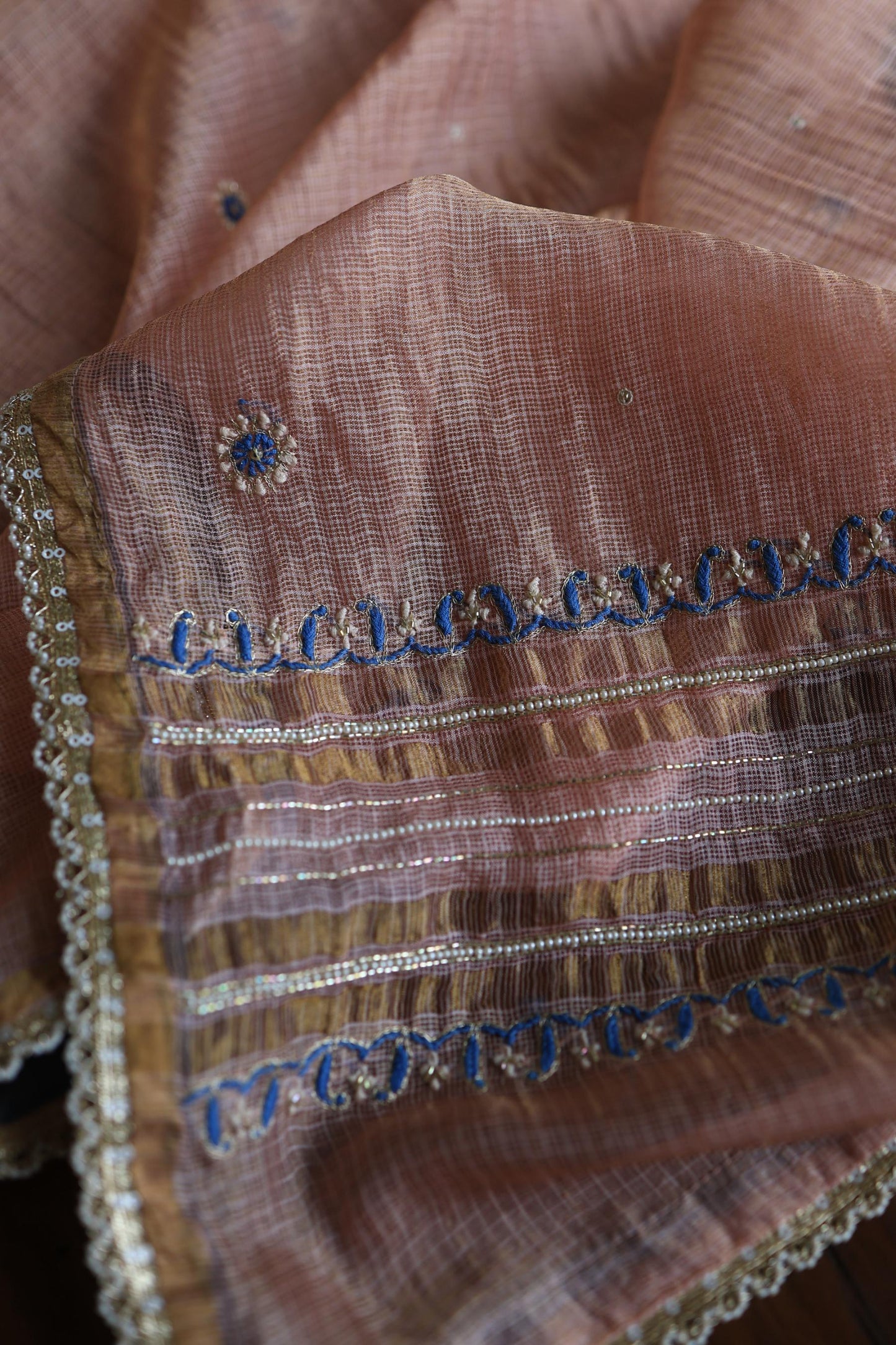 Rust Shade Tissue Kota Chikankari Unstitched Fabric