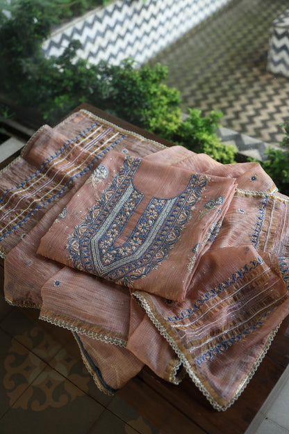Rust Shade Tissue Kota Chikankari Unstitched Fabric
