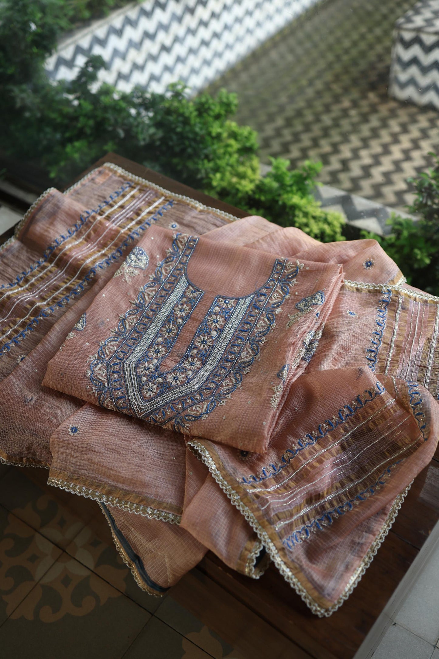 Rust Shade Tissue Kota Chikankari Unstitched Fabric