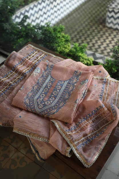Rust Shade Tissue Kota Chikankari Unstitched Fabric