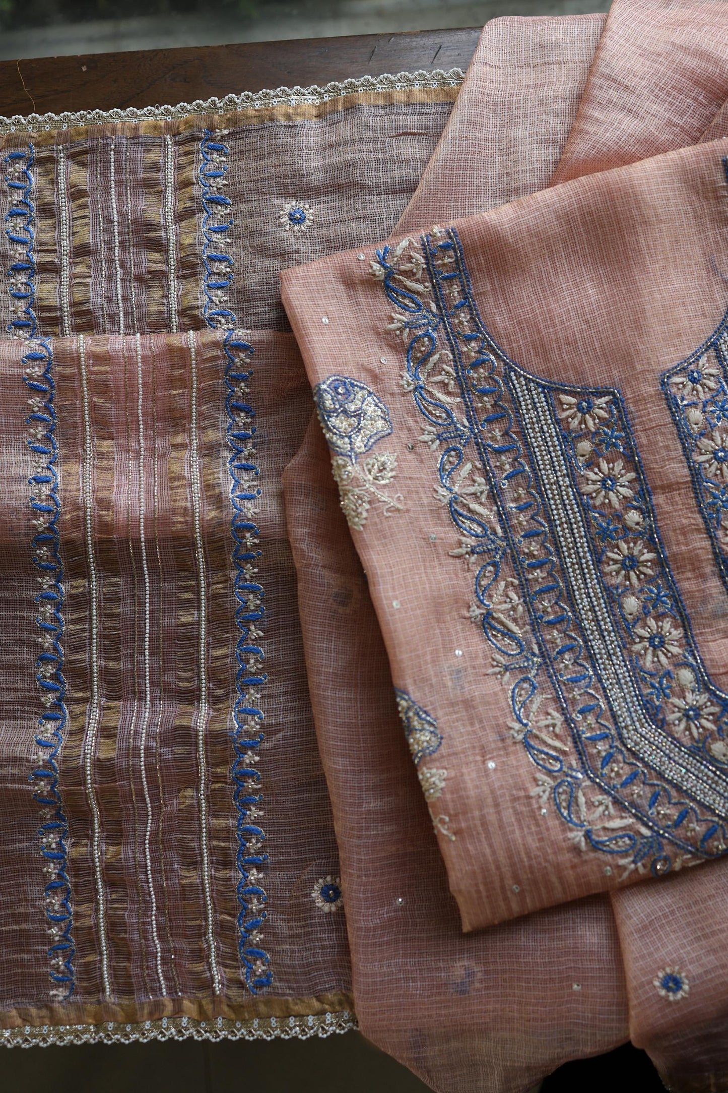 Rust Shade Tissue Kota Chikankari Unstitched Fabric