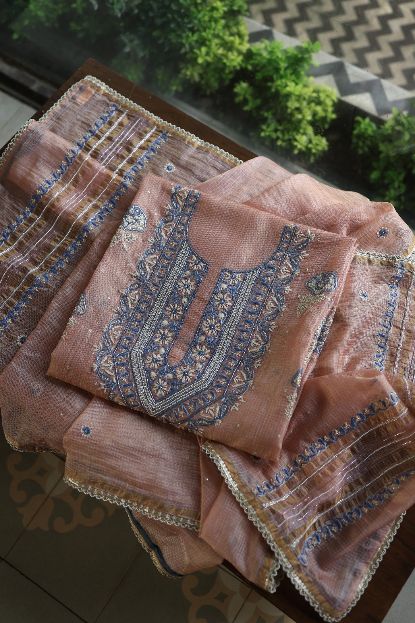 Rust Shade Tissue Kota Chikankari Unstitched Fabric