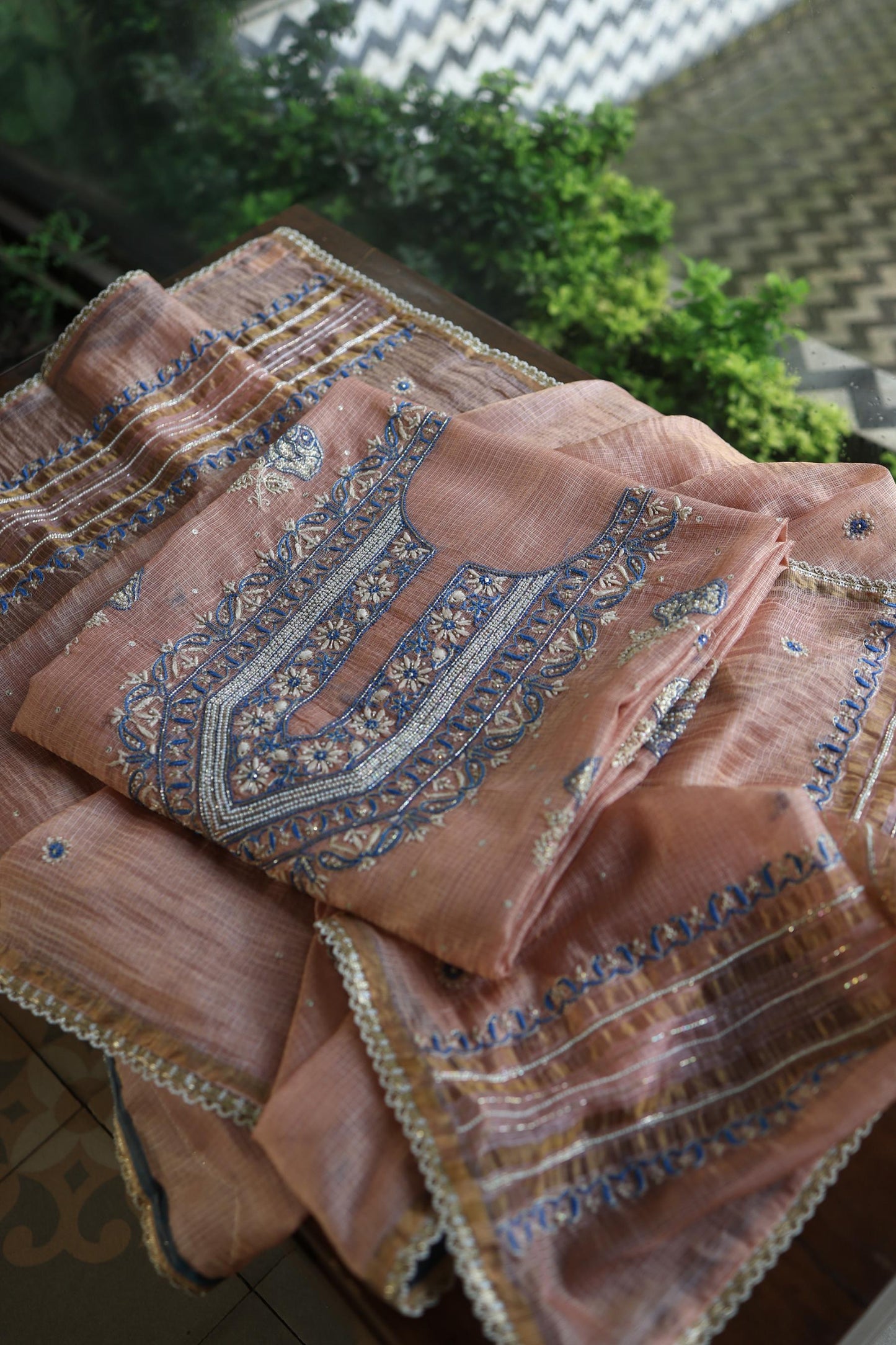 Rust Shade Tissue Kota Chikankari Unstitched Fabric