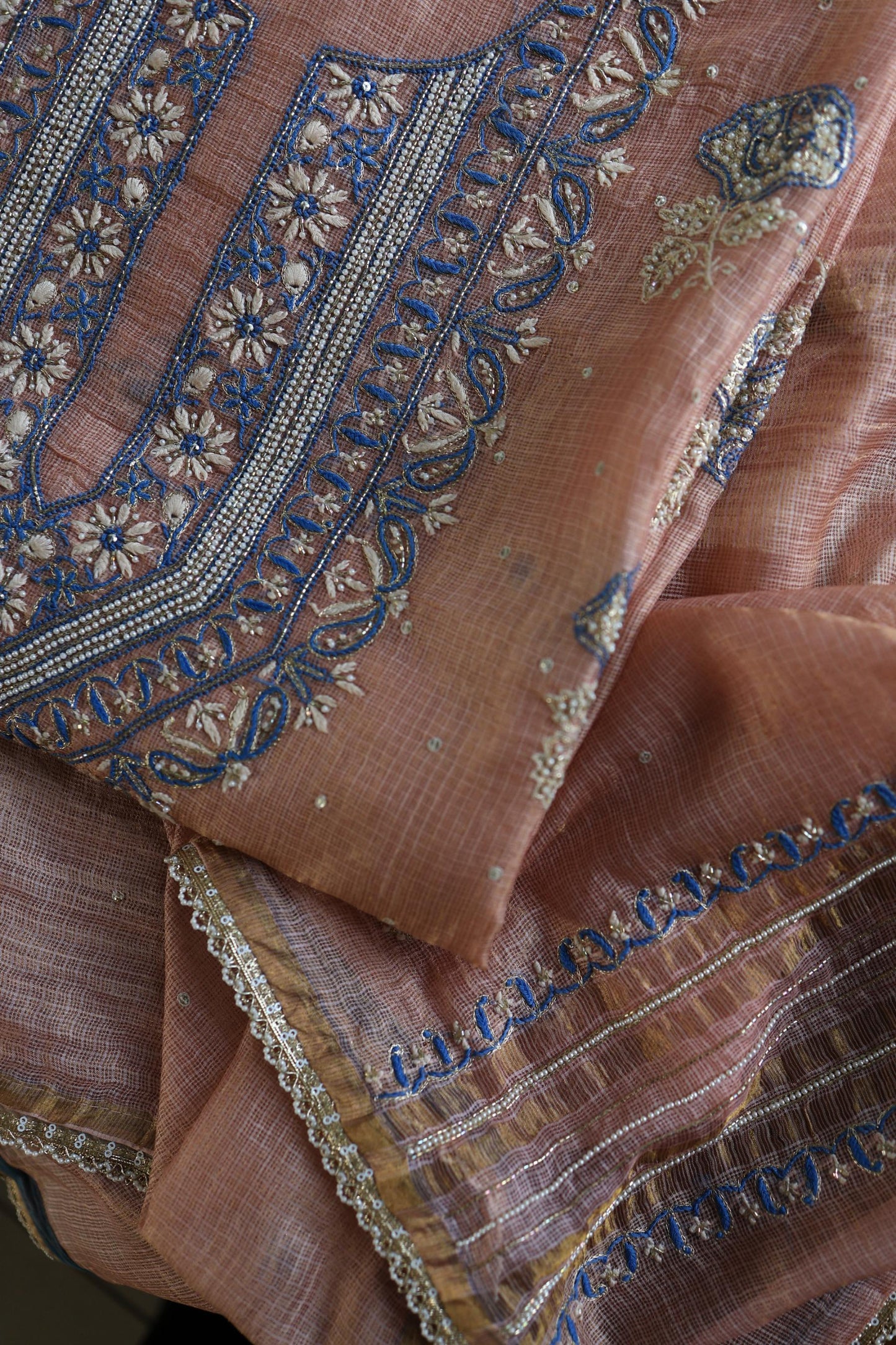 Rust Shade Tissue Kota Chikankari Unstitched Fabric