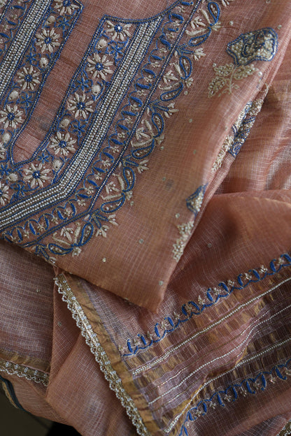 Rust Shade Tissue Kota Chikankari Unstitched Fabric