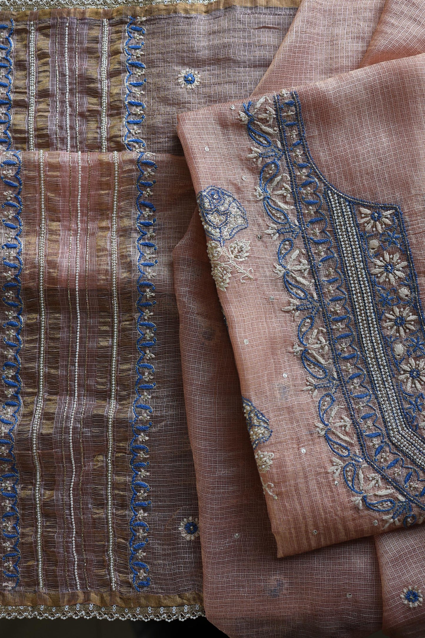 Rust Shade Tissue Kota Chikankari Unstitched Fabric