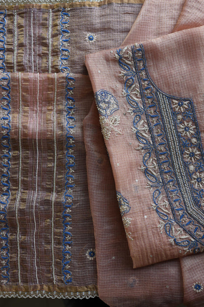 Rust Shade Tissue Kota Chikankari Unstitched Fabric