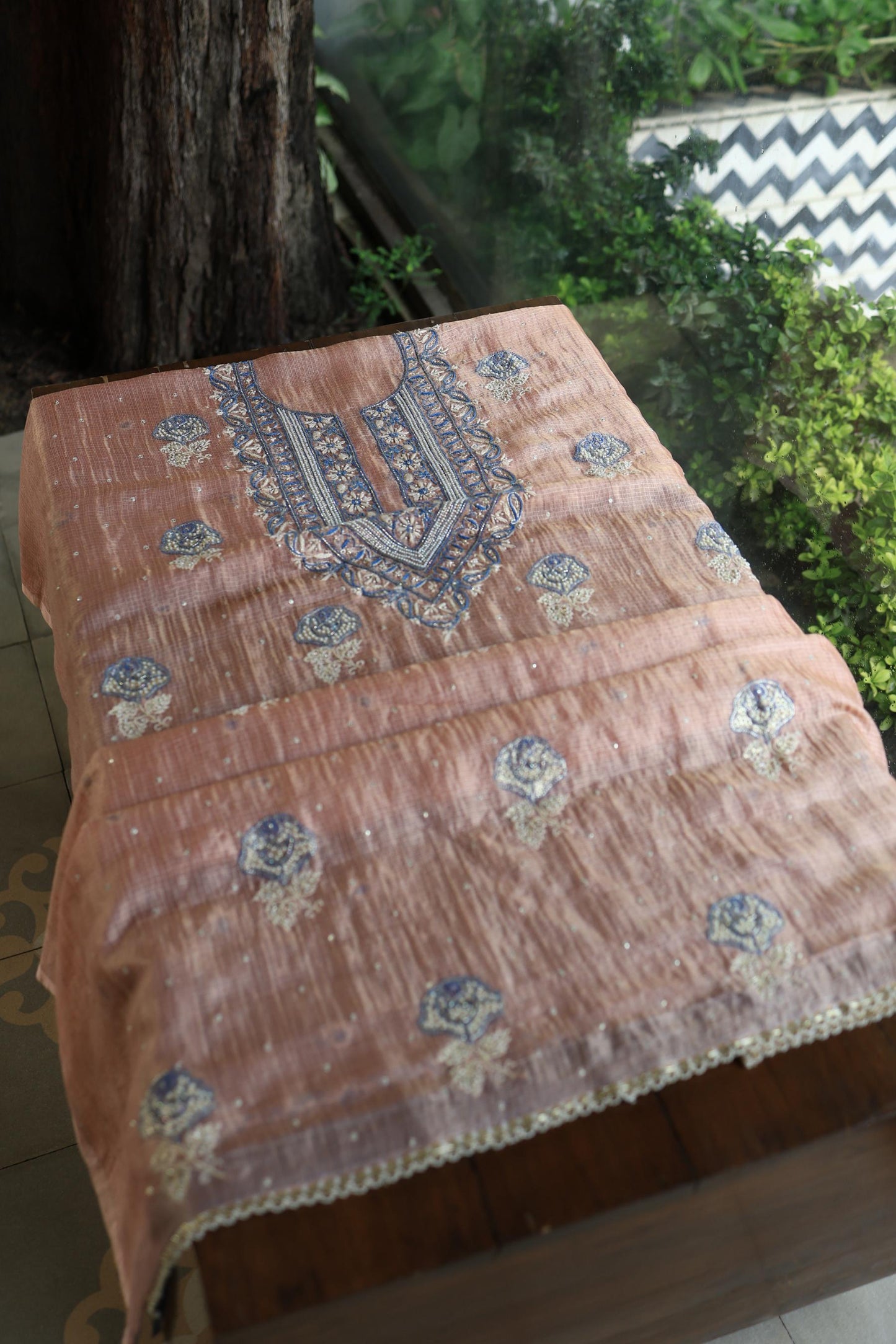 Rust Shade Tissue Kota Chikankari Unstitched Fabric