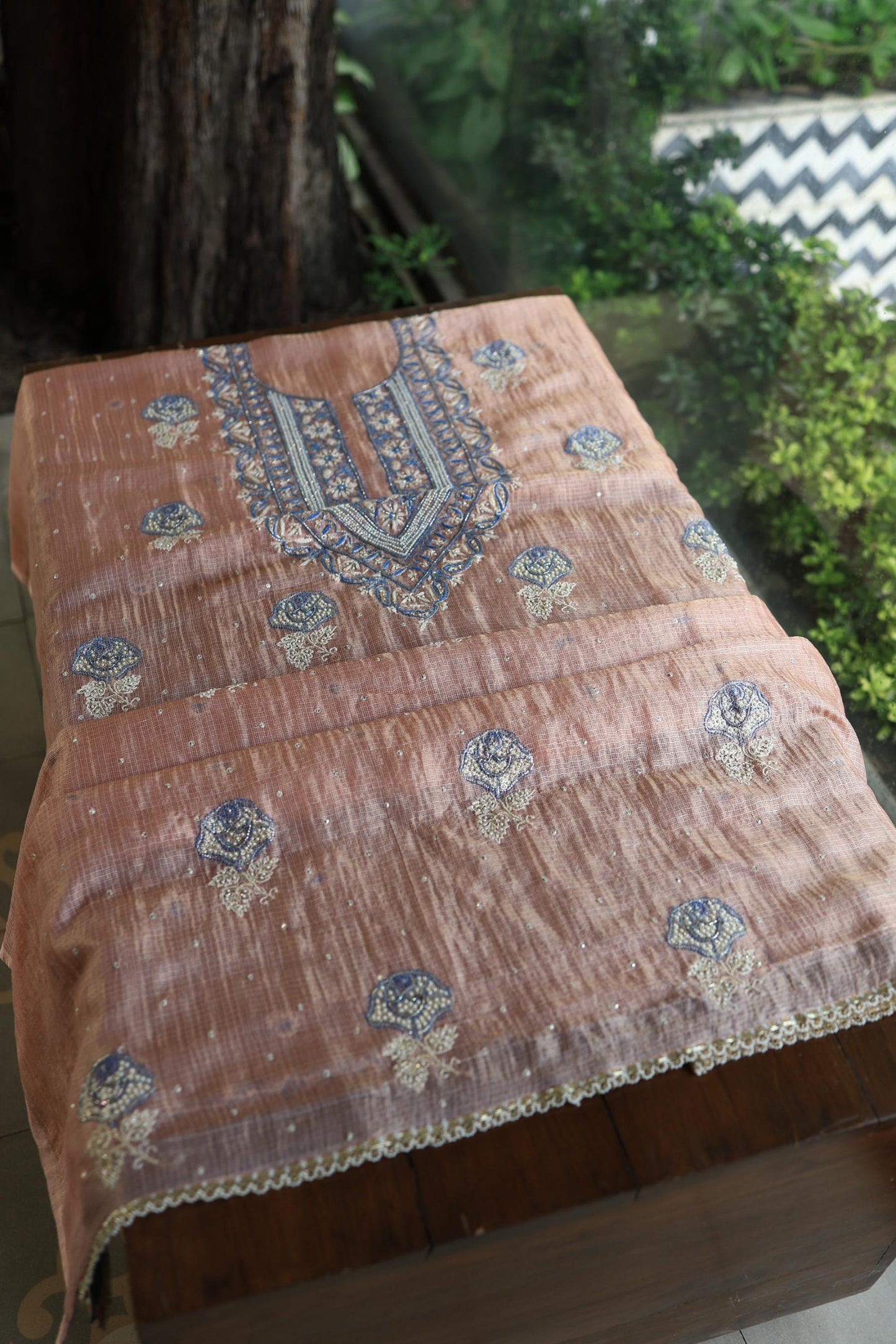 Rust Shade Tissue Kota Chikankari Unstitched Fabric