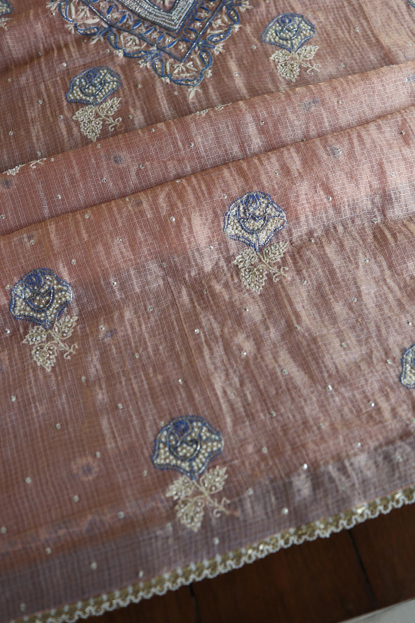 Rust Shade Tissue Kota Chikankari Unstitched Fabric