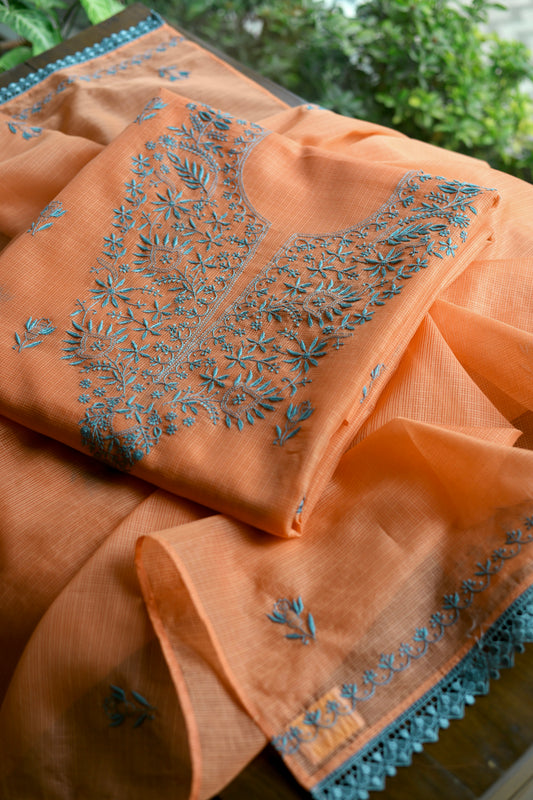 Rust & Blue Kota Chikankari Unstitched Fabrics