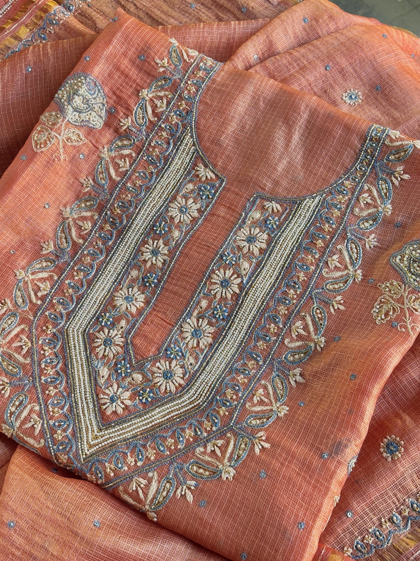 Rust Shade Tissue Kota Chikankari Unstitched Fabric