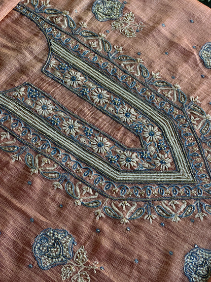 Rust Shade Tissue Kota Chikankari Unstitched Fabric