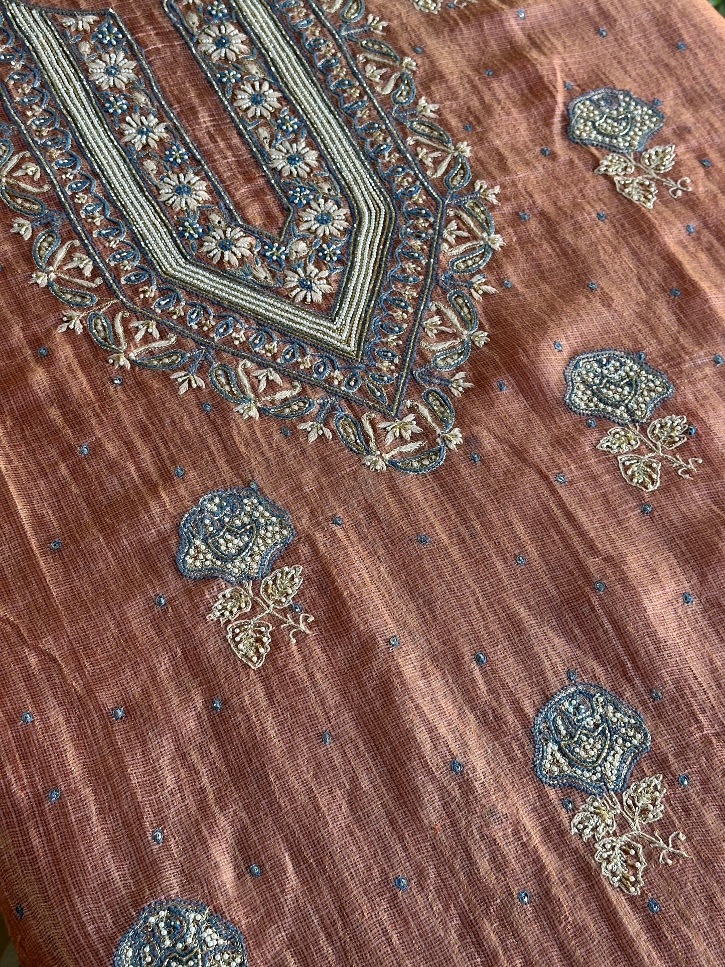 Rust Shade Tissue Kota Chikankari Unstitched Fabric