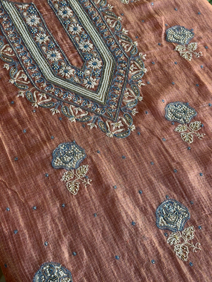 Rust Shade Tissue Kota Chikankari Unstitched Fabric