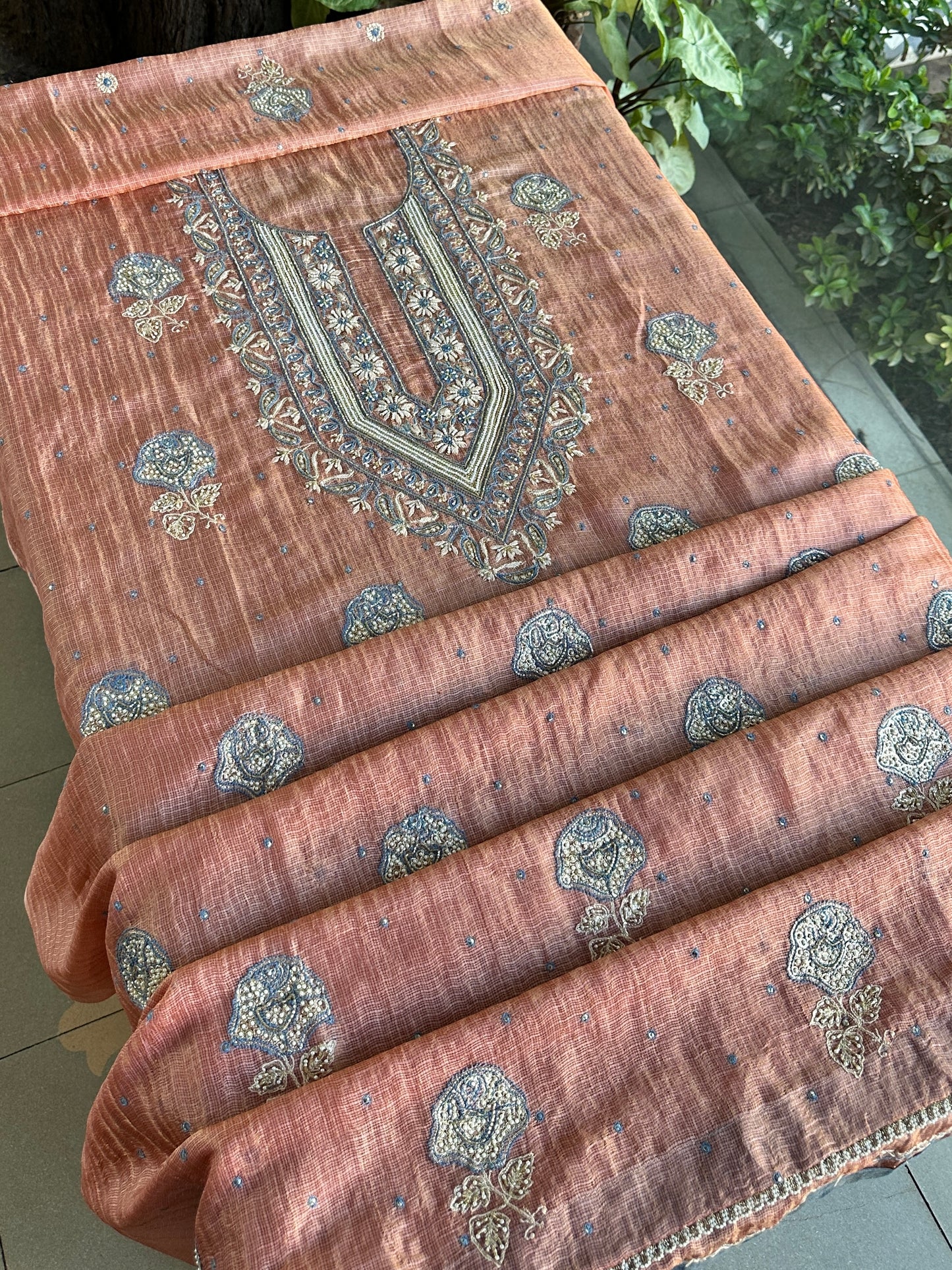 Rust Shade Tissue Kota Chikankari Unstitched Fabric