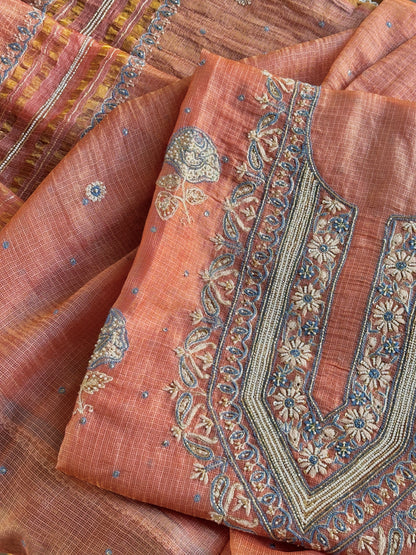 Rust Shade Tissue Kota Chikankari Unstitched Fabric