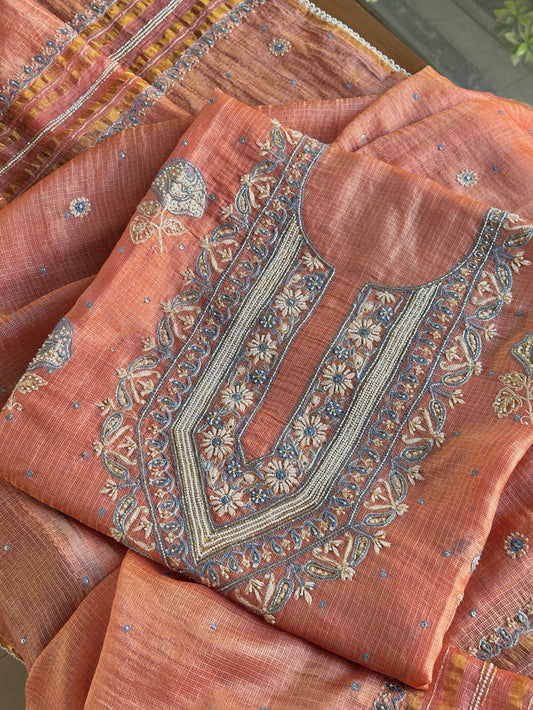 Rust Shade Tissue Kota Chikankari Unstitched Fabric