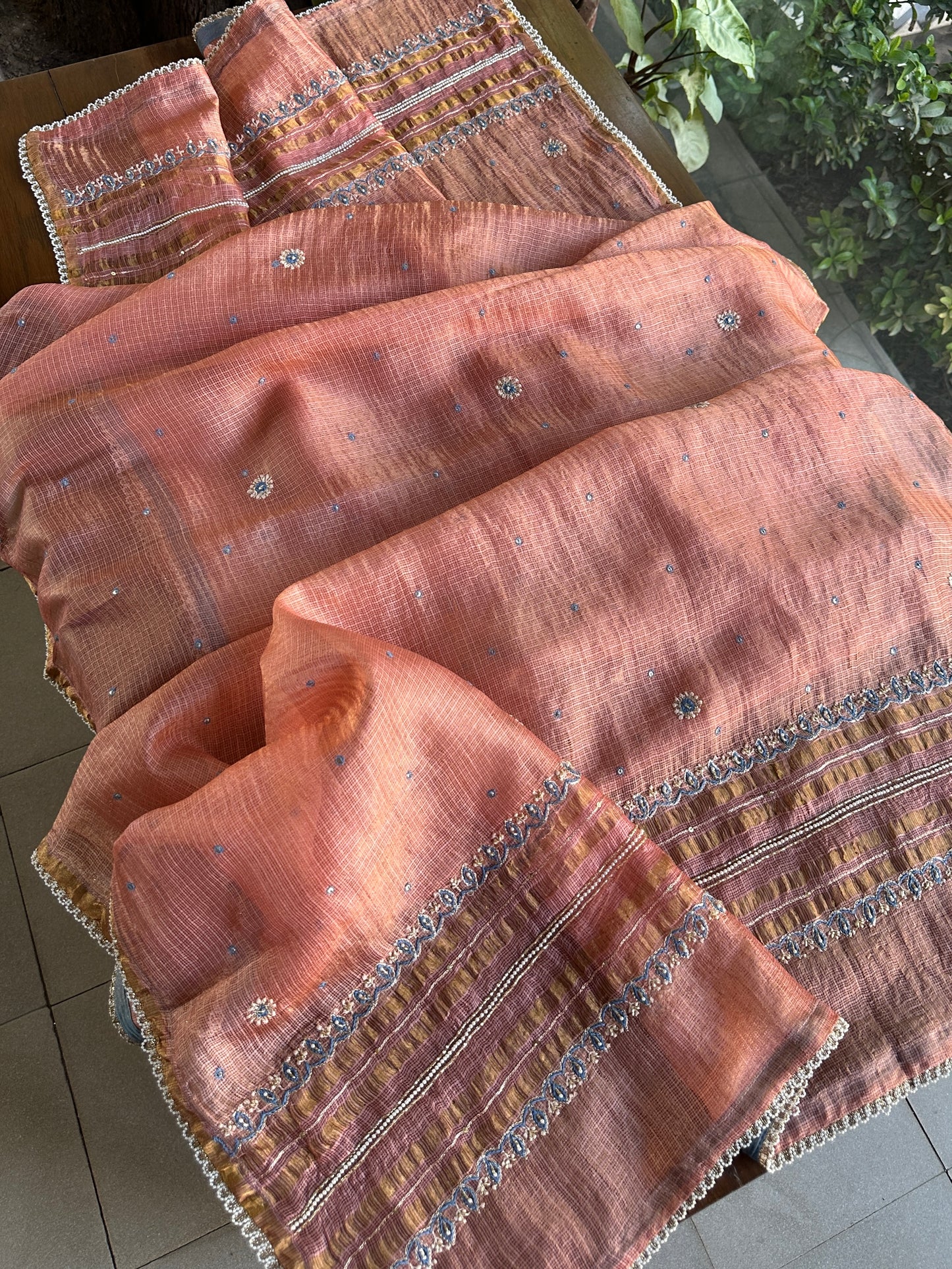 Rust Shade Tissue Kota Chikankari Unstitched Fabric