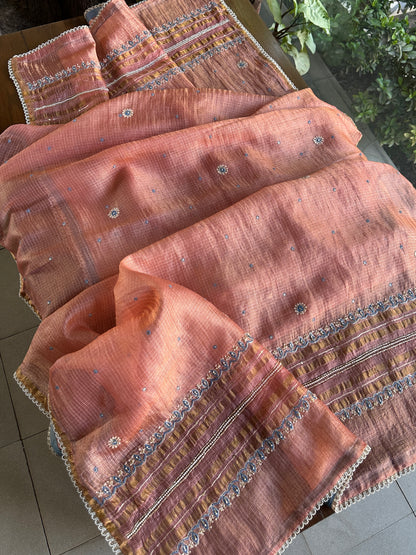 Rust Shade Tissue Kota Chikankari Unstitched Fabric