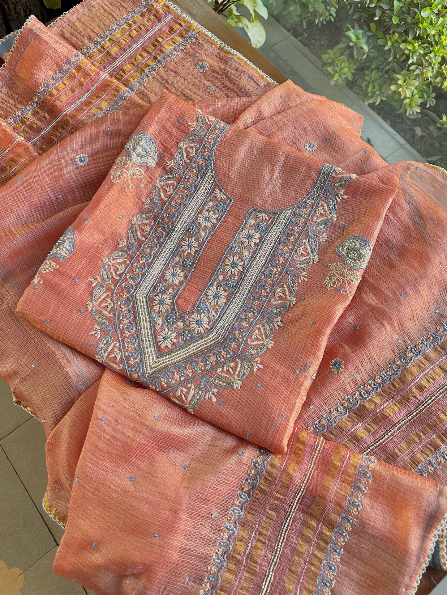 Rust Shade Tissue Kota Chikankari Unstitched Fabric