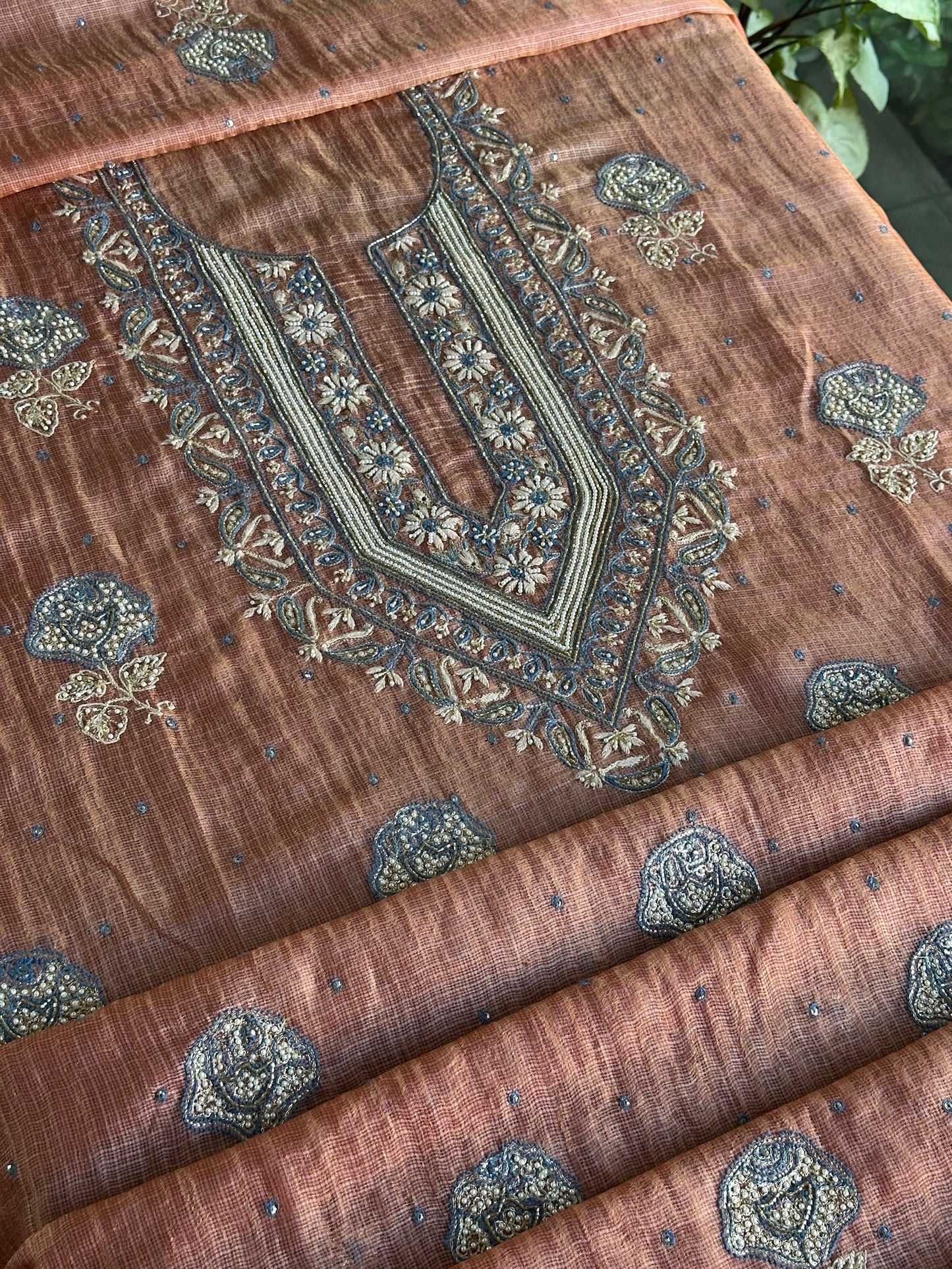 Rust Shade Tissue Kota Chikankari Unstitched Fabric