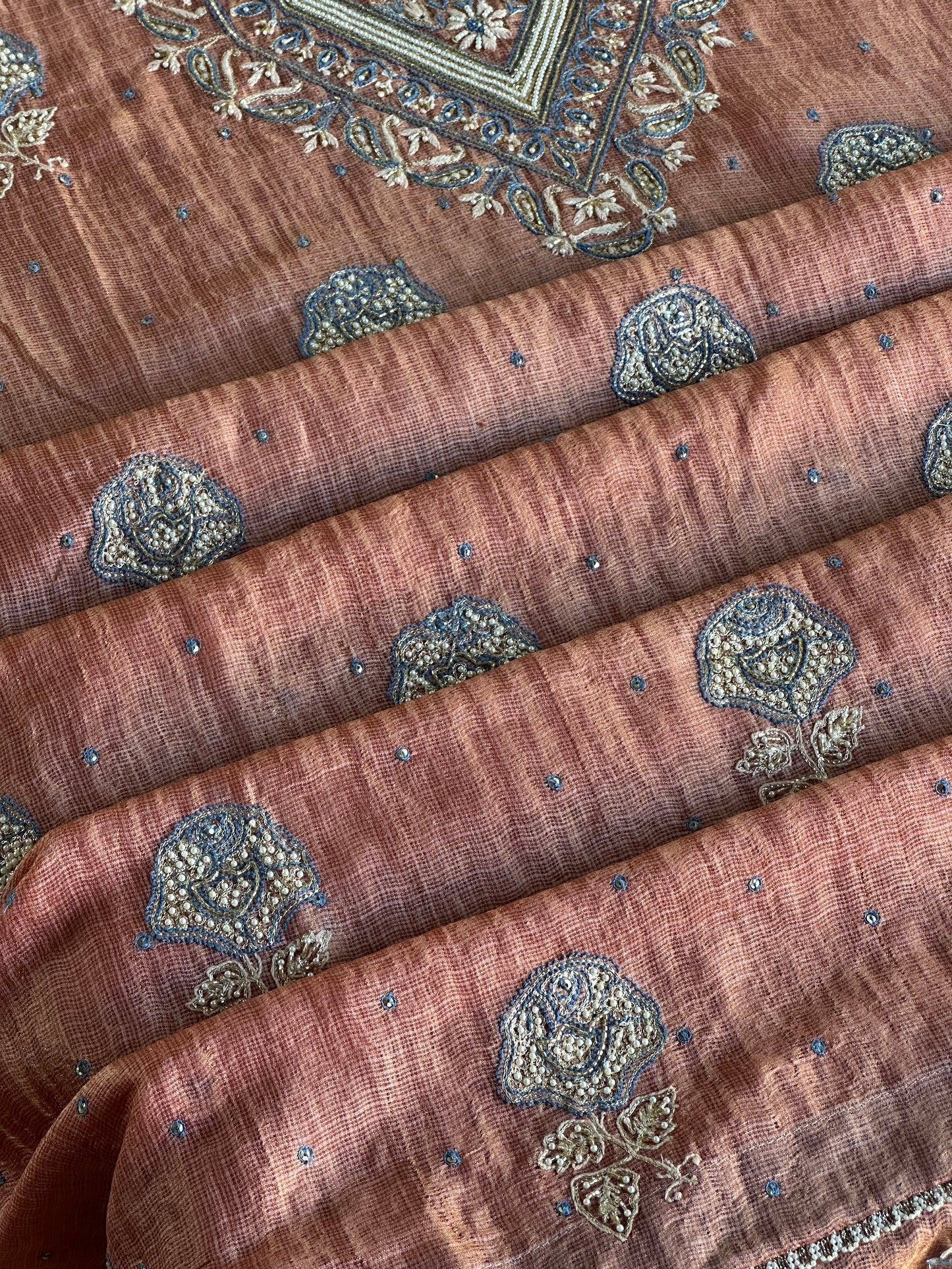 Rust Shade Tissue Kota Chikankari Unstitched Fabric