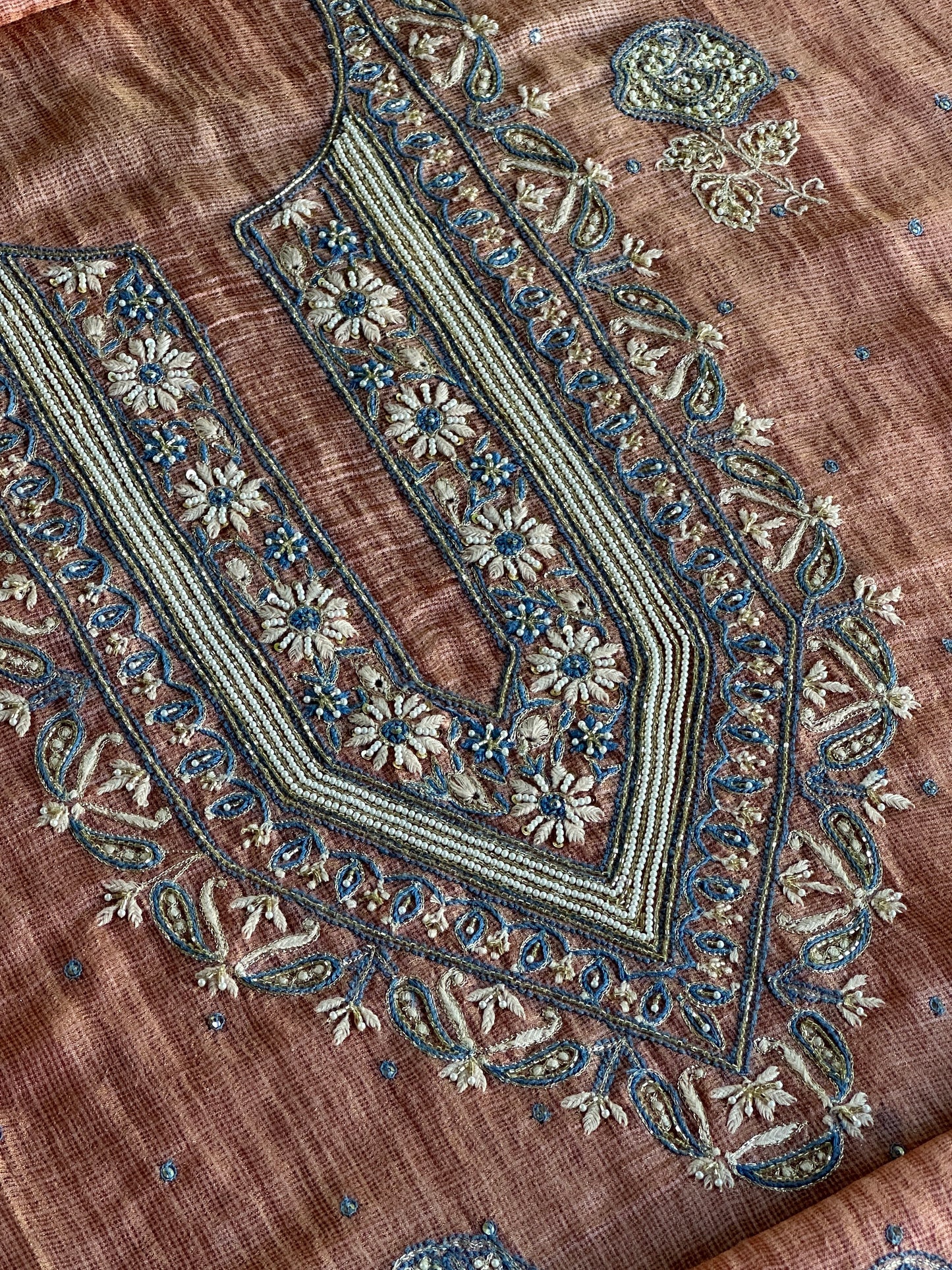 Rust Shade Tissue Kota Chikankari Unstitched Fabric