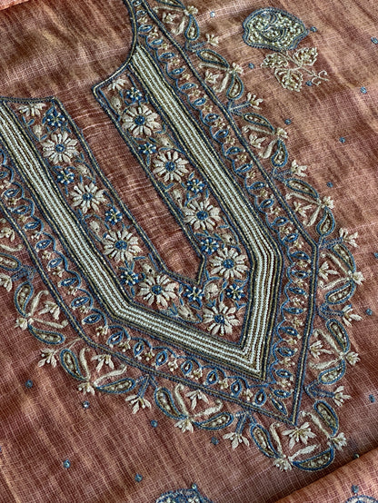 Rust Shade Tissue Kota Chikankari Unstitched Fabric