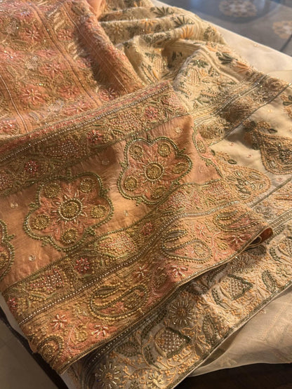 Saffron Peach Noor Banarasi Organza Chikankari Unstitched Fabrics