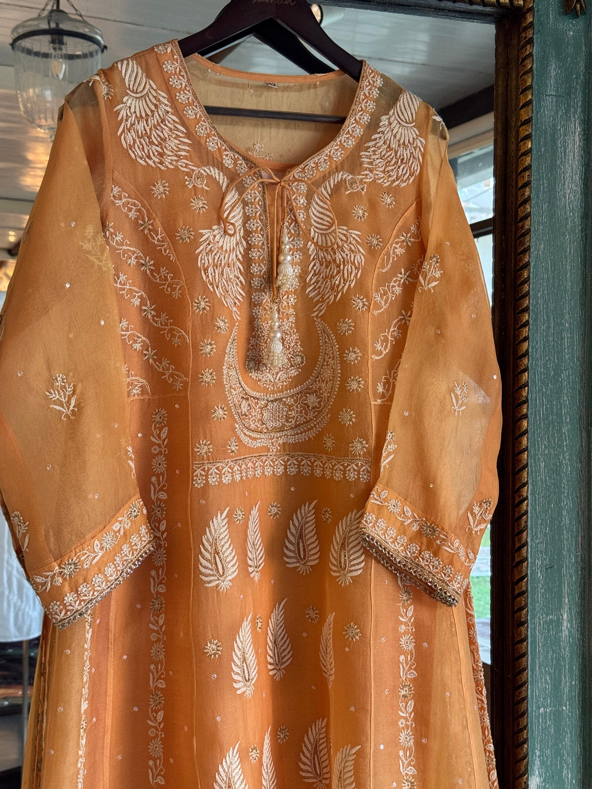 Saffron Orange Noor Organza Chikankari Anarkali Kurta With Dupatta