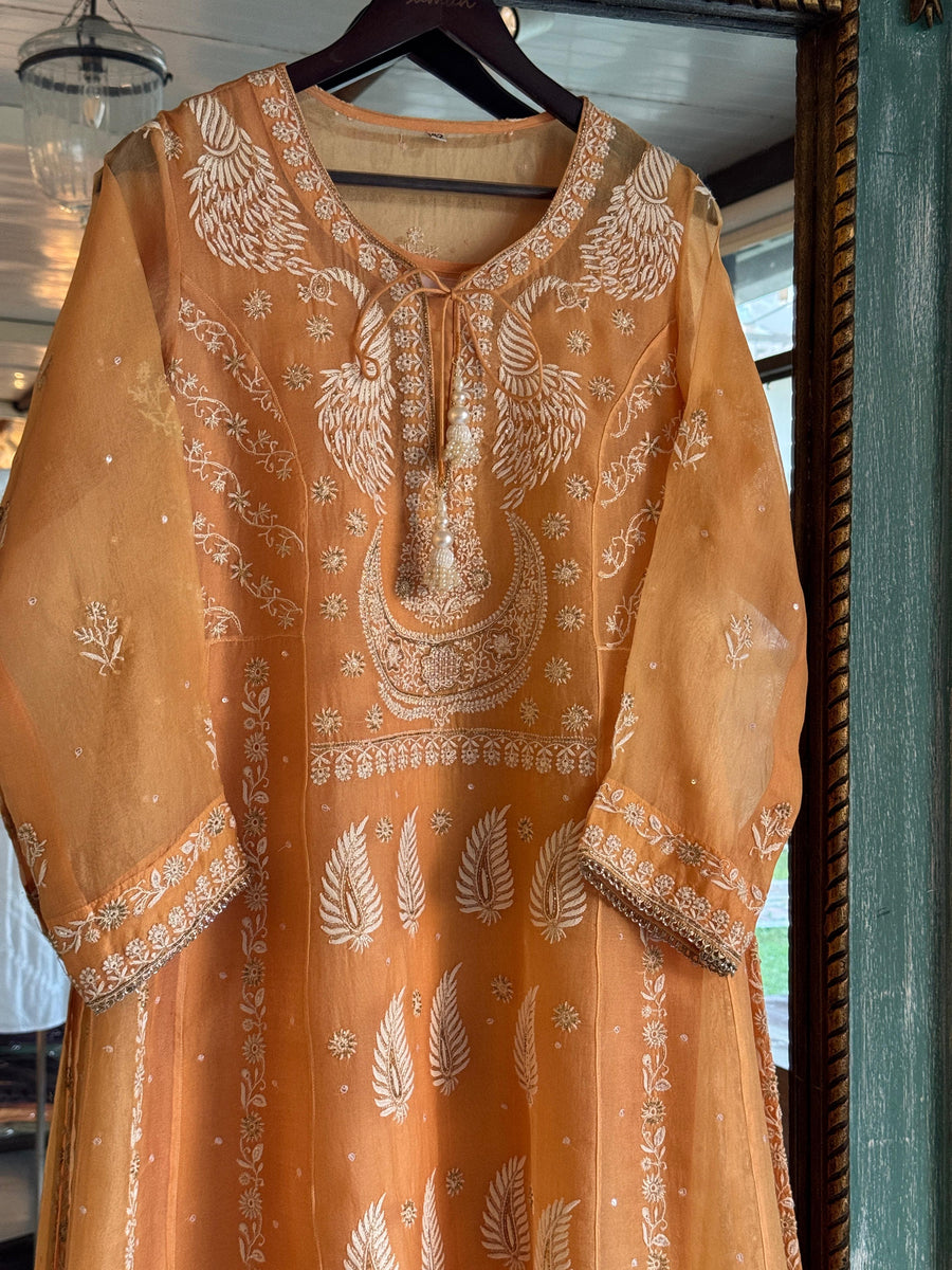 Saffron Orange Noor Organza Chikankari Anarkali Kurta With Dupatta