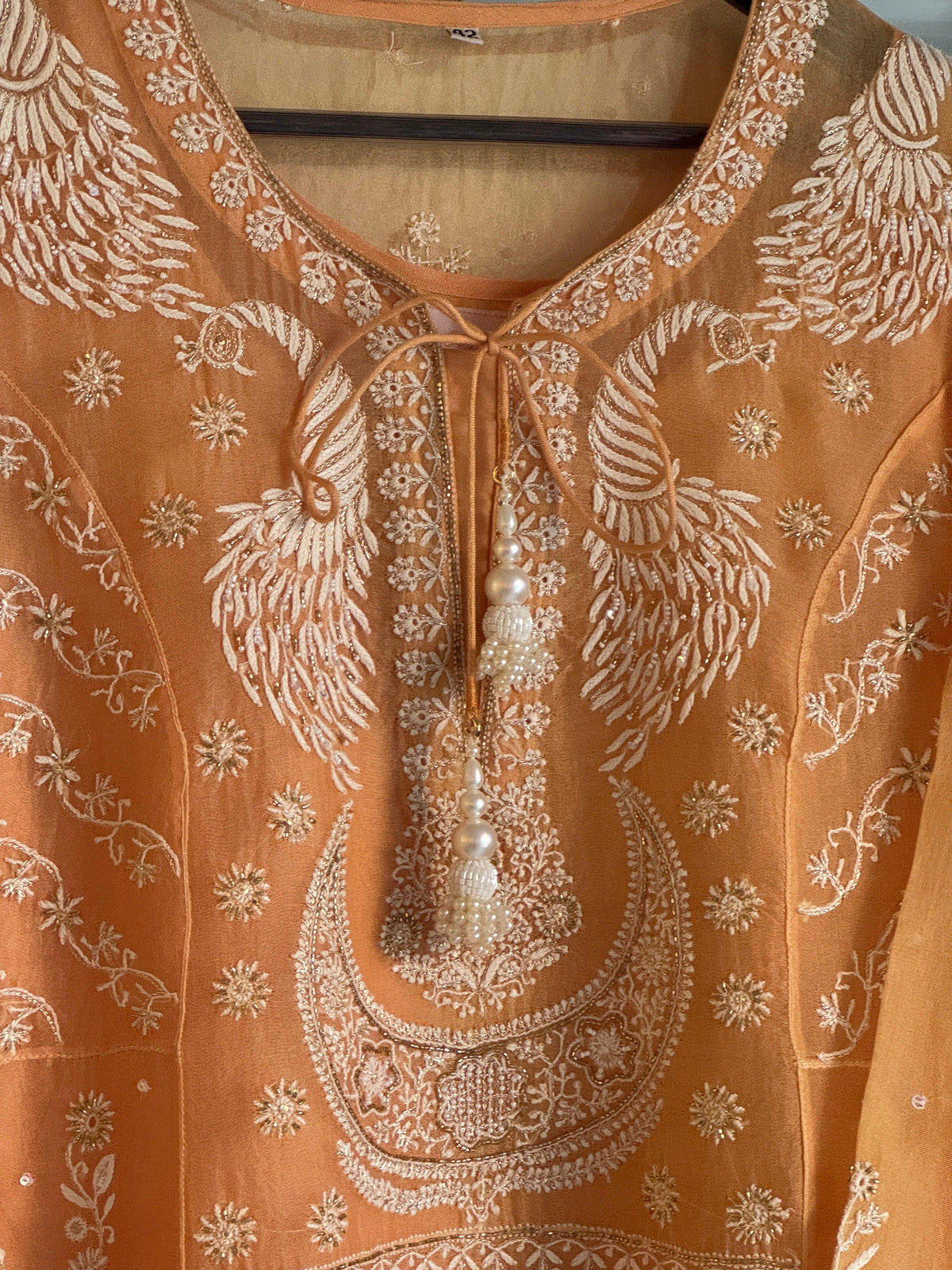 Saffron Orange Noor Organza Chikankari Anarkali Kurta With Dupatta