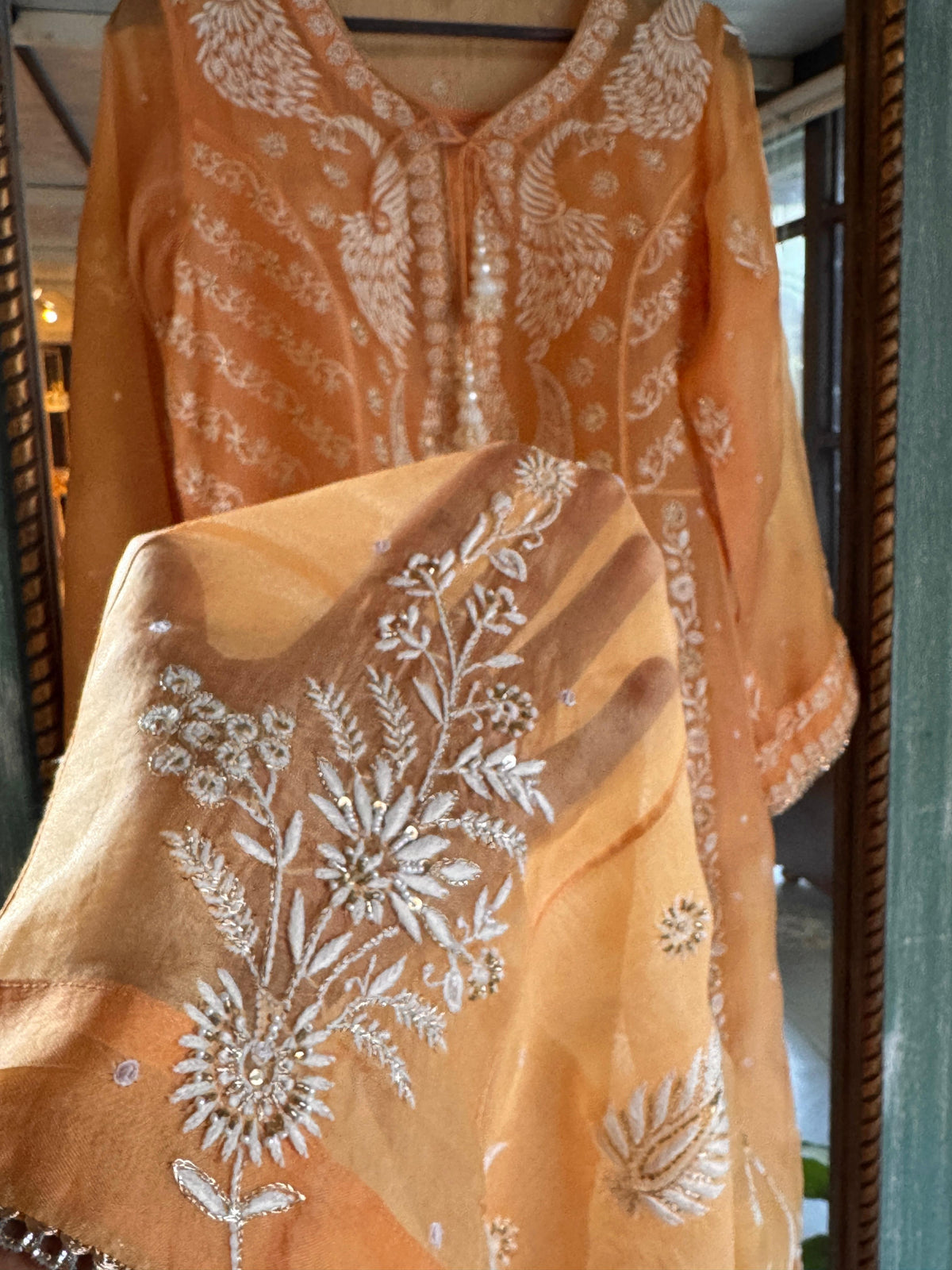 Saffron Orange Noor Organza Chikankari Anarkali Kurta With Dupatta