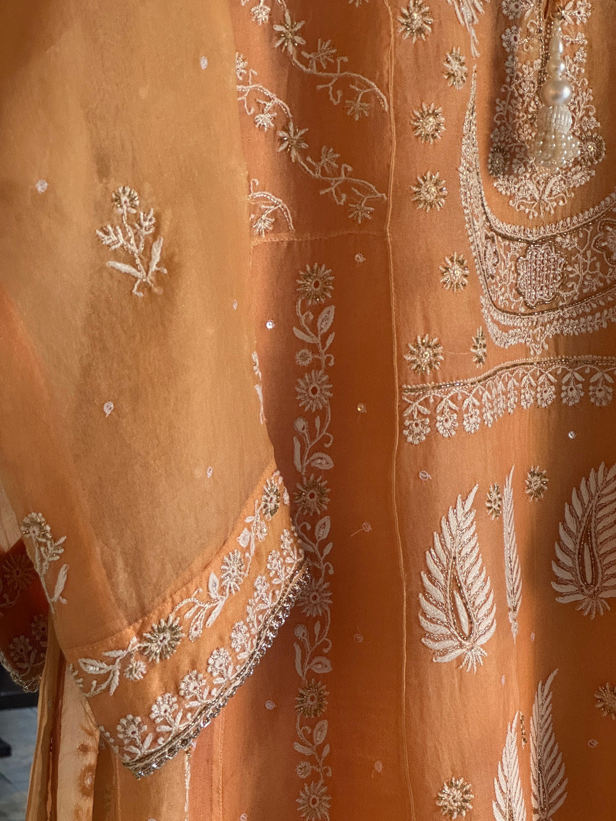 Saffron Orange Noor Organza Chikankari Anarkali Kurta With Dupatta