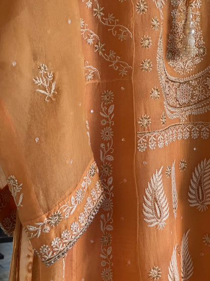 Saffron Orange Noor Organza Chikankari Anarkali Kurta With Dupatta