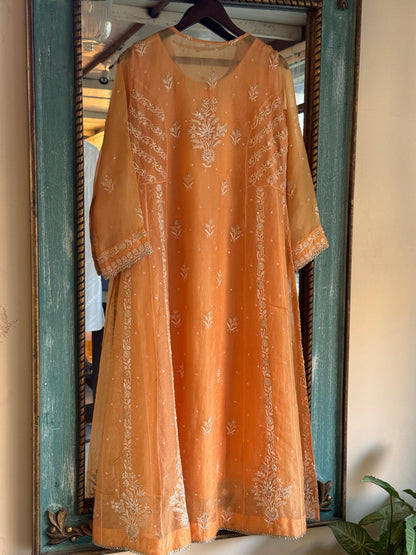 Saffron Orange Noor Organza Chikankari Anarkali Kurta With Dupatta