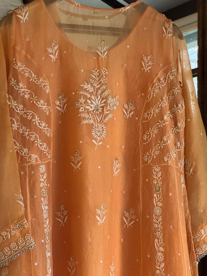 Saffron Orange Noor Organza Chikankari Anarkali Kurta With Dupatta