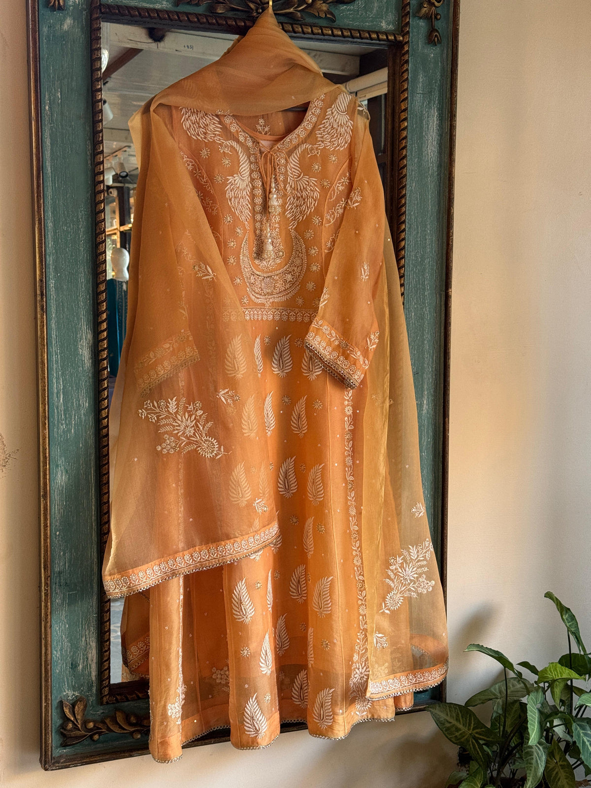 Saffron Orange Noor Organza Chikankari Anarkali Kurta With Dupatta