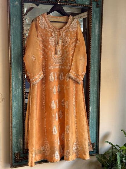Saffron Orange Noor Organza Chikankari Anarkali Kurta With Dupatta